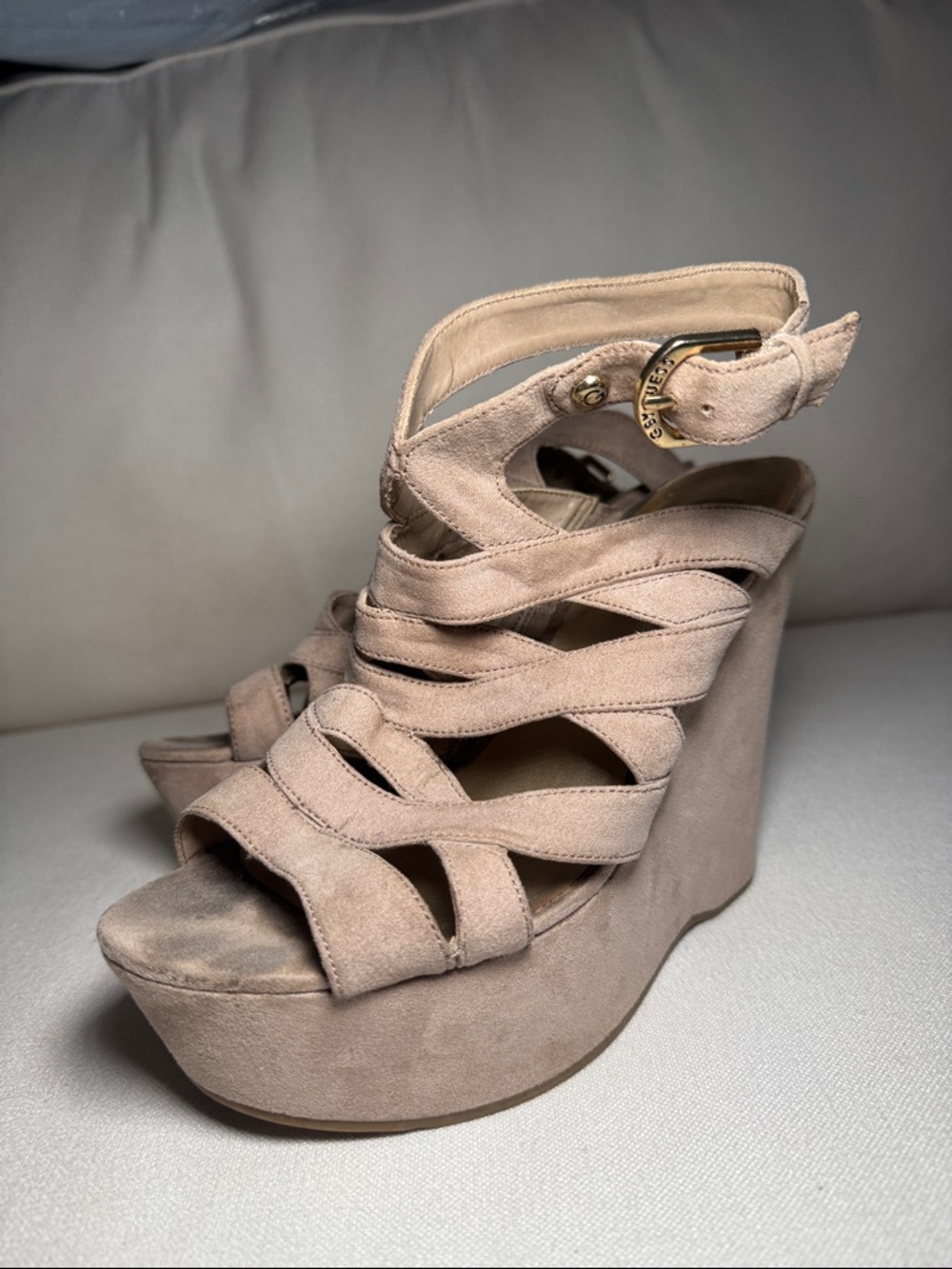 G by Guess Nude Strappy Wedge Sandals
